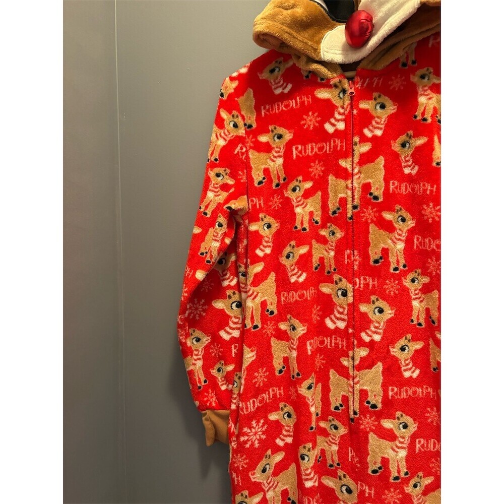 Rudolph Womens Hooded Zip One Piece Pajama Onesie Red Print Size 12-14 - Picture 5 of 11